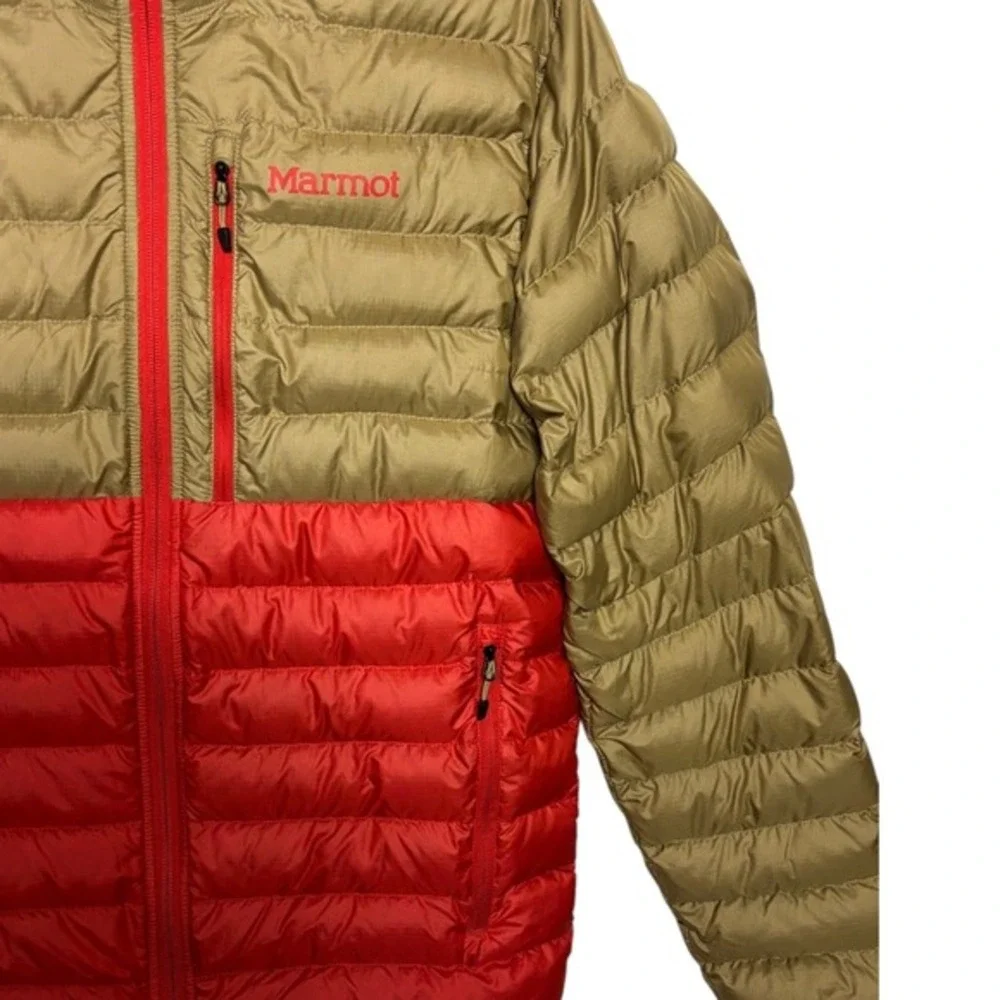 Marmot Highlander Mens Duck Down Jacket Coat Puffer 700 Fill Red Tan  sz S‎ RDS